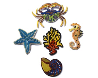 Seaside Embroidered  Iron-On Patches: Set of 5 Shell, Crab, Seahorse, Starfish, Seaweed