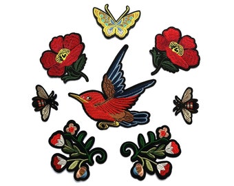 Hummingbird with flowers butterflies and bees embroidered Iron on patch set applique