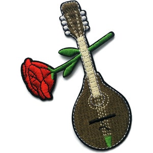 May include: An embroidered patch depicting a brown mandolin with a red rose and green stem. The mandolin has a white fretboard and a green string.