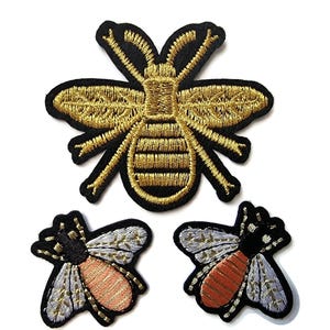 Gold Bee Metallic Set of 3 Embroidered Iron On Patches Crafts Quality