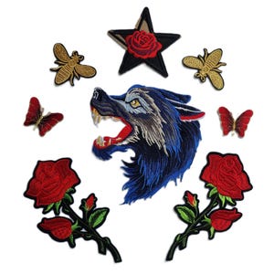 Wolf Embroidered Patch with roses butterflies and gold bees