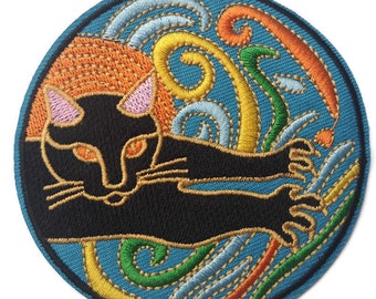Mystieke zwarte psychedelische kat geborduurde wicca opstrijkpatch