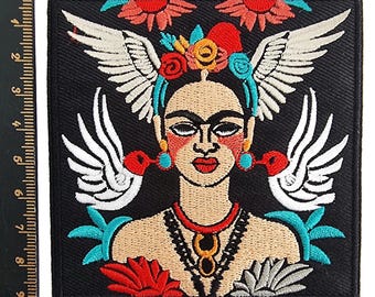 Frida Kahlo's Embroidered Iron On Patch Doves and Flowers 3.5" Original