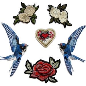 Blue Birds and Love Hearts Embroidered Iron On Patch Set: Floral Applique