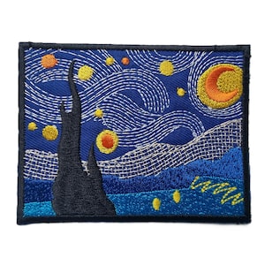 May include: Embroidered patch featuring a stylized depiction of Van Gogh's "Starry Night." The patch showcases a dark blue sky with swirling white lines, yellow stars, and an orange crescent moon. A dark tree and blue water complete the design.