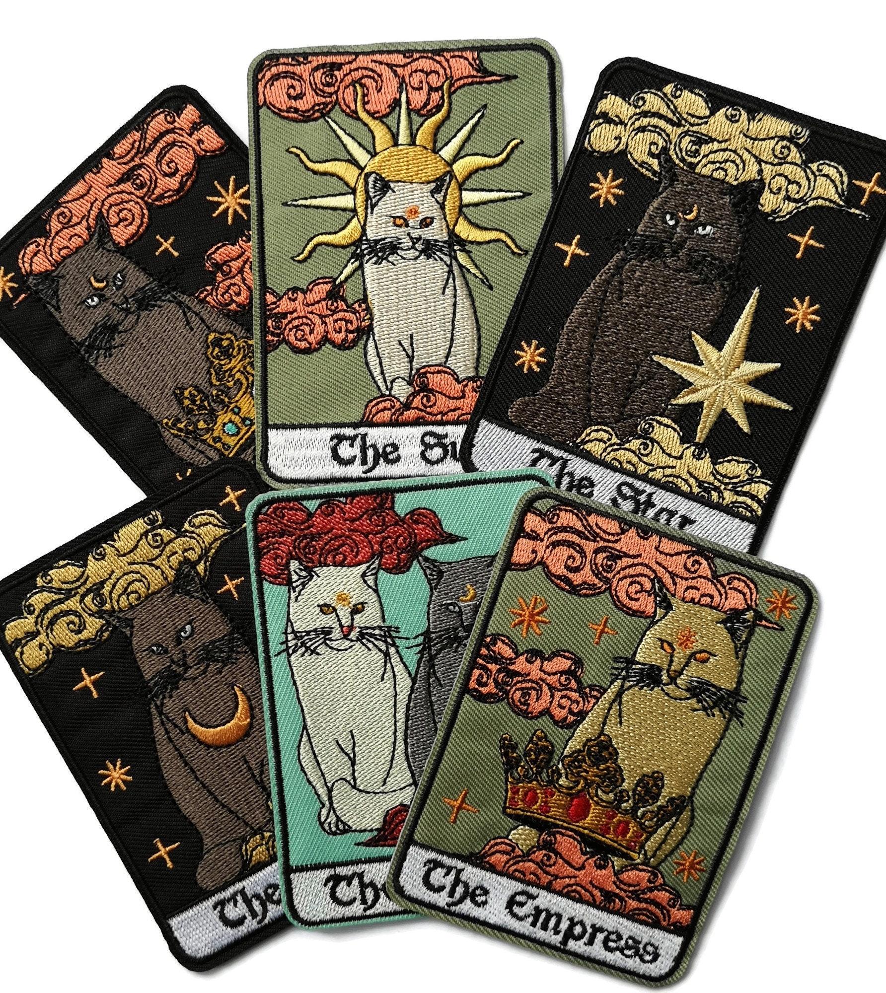 Embroidered Iron On Patches Cat Tarot Cards Moon Sun Star Emperor Empress Lovers