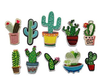 Set of 10 Embroidered Cactus Patches Iron On for Crafts and Clothing (Set B)