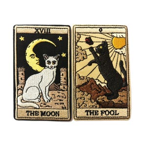 Embroidered Iron On Patches Cat Tarot Cards Moon and Fool