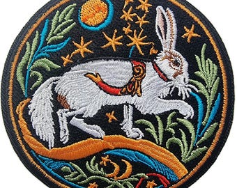 Medieval Royal Hare Travelling by Moonlight. Folklore Embroidered Iron On Patch Original