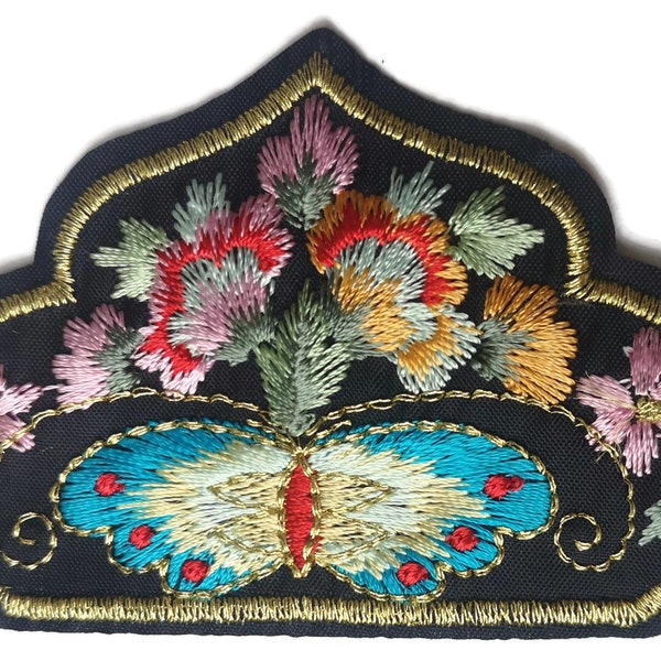 Embroidered Lotus Flower Patch with Blue Butterfly Gold Thread