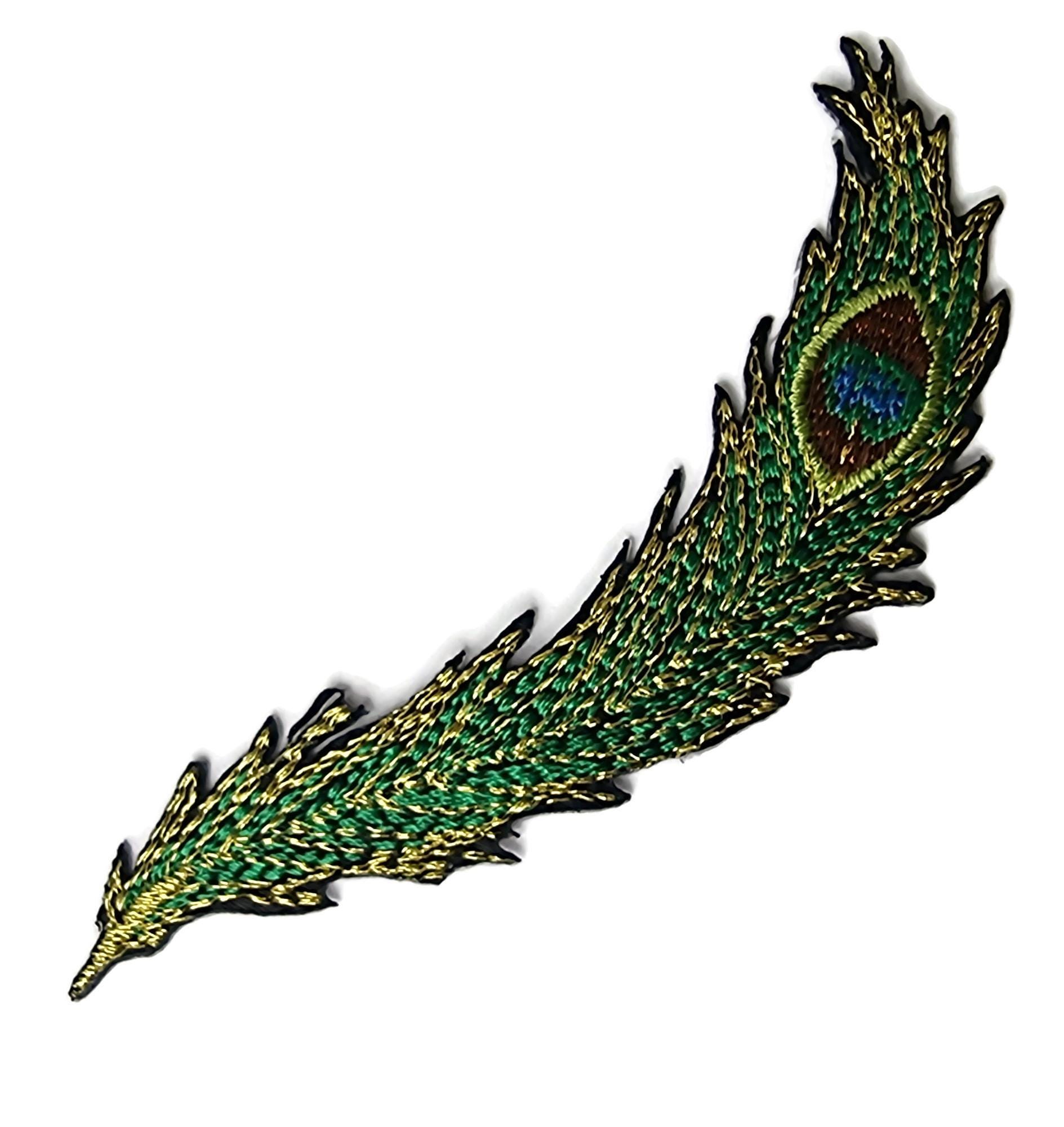Small Metallic Peacock Feather Embroidered Patch Gold and Blue Iron On