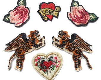 Embroidered Patch Set Pair Flying Tigers  Hearts and Flowers Jacket Art Set
