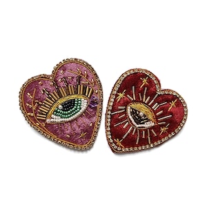 Hand Beaded and Embroidered Patch, Mystic Eyes in a heart, lilac, burgundy and gold