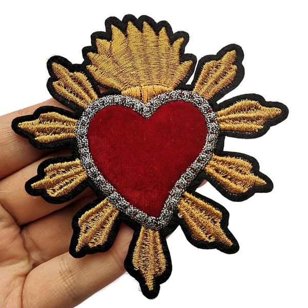 Frida Kahlo Red, Gold and Silver Flaming Heart Embroidered Iron On patch Applique Mexico Art