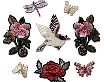 Bird with flowers, butterflies and dragonfly embroidered Iron on patch set, applique jacket back