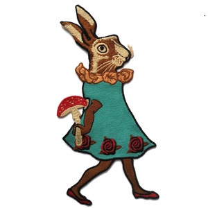 Rabbit with Toadstool Rockabilly Soft Tapestry Applique patch 10"
