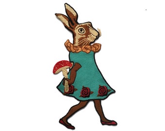 Rabbit with Toadstool Rockabilly Soft Tapestry Applique patch 10"
