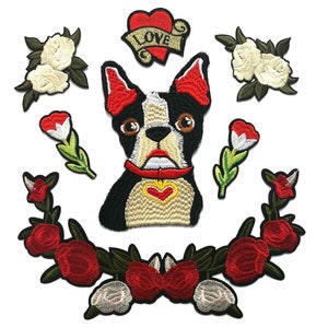 Pug Dog Embroidered Patch Set with Flowers, Roses and Hearts
