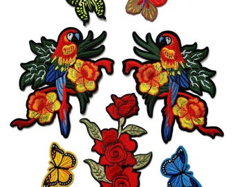 Large Embroidered Patch Set Tropical Parrots with Flowers and Butterflies for Jacket back