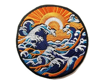 Hokusai Sunset Surf Embroidered Iron On Patch 3.5"
