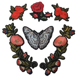 Large Flowers Butterfly and Roses Embroidered Iron On Jacket Patch Set Applique Art