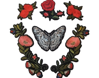 Large Flowers Butterfly and Roses Embroidered Iron On Jacket Patch Set Applique Art