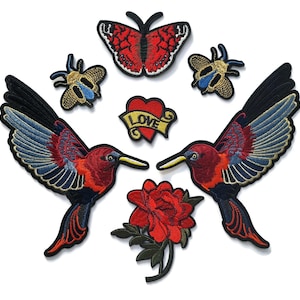 Juego de parches termoadhesivos bordados: colibríes, pájaros, abejas, corazones y mariposas