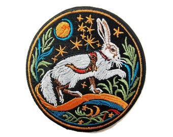 Medieval Royal Hare Travelling by Moonlight. Folklore Embroidered Iron On Patch