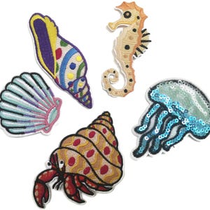 Set of 5 Seaside Patches Shell Crab Seahorse Seaweed Quality Precision Embroidery iron on