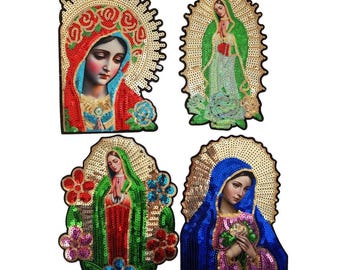 Duża, błyszcząca, świąteczna naszywka z cekinami i wizerunkiem bogini Madonny Dziewicy Maryi, do prasowania