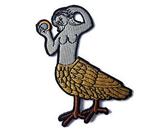 Medieval Folklore Embroidered Bird Woman Bestiary Cut Out Iron On Patch Applique Quality