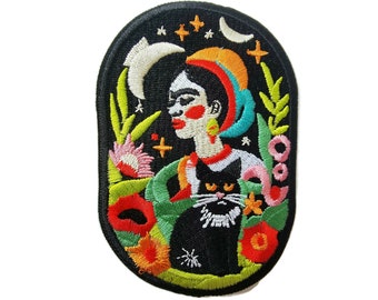 Frida Kahlo's Moonlight Garden with her Black Cat Embroidered Iron On Patch 4"