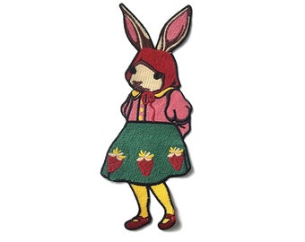 Shy Rabbit with Strawberry Skirt, Soft Tapestry Applique Patch 9&quot;