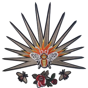 XL Bee in Flaming Sun Rays,  Flowers & Bees Embroidered Quality Iron on Jacket Back Patch Set