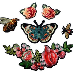 Conjunto de apliques termocolantes bordados XL com rosas, borboletas e abelhas.