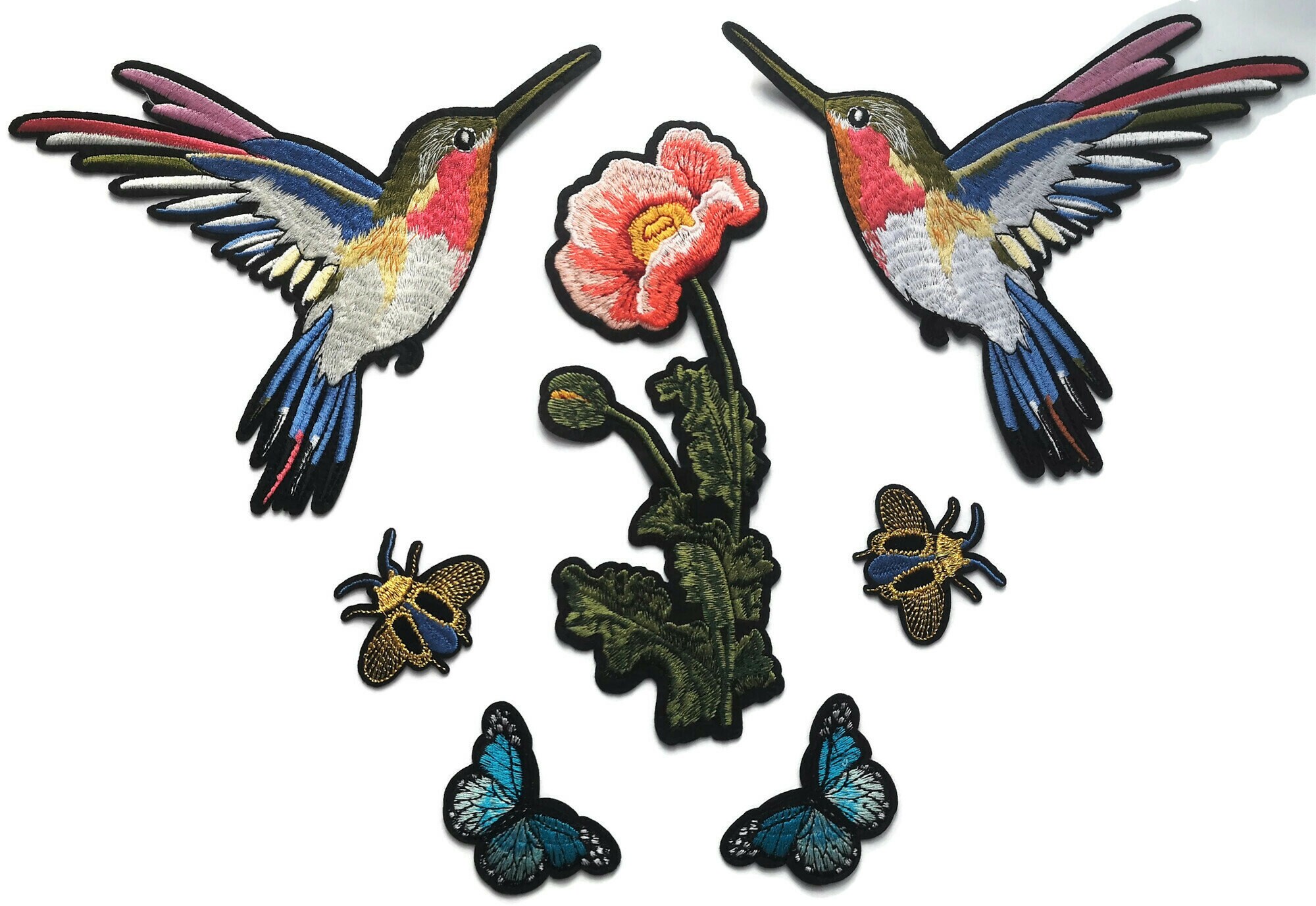 2-Pack Hummingbird Iron-On Applique Patches - Purple & Green Embroidered Bird Badge