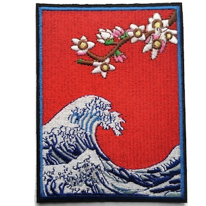 Hokusai Deep Red Embroidered Iron On Patch With Wave and Blossom