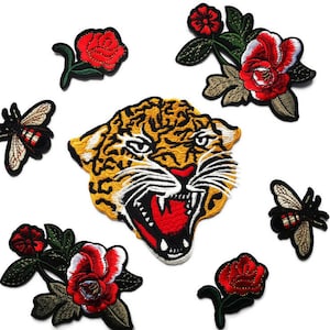 Large Tiger Embroidered Flowers and Bees  Iron On Jacket Patch set