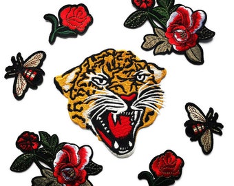 Large Tiger Embroidered Flowers and Bees  Iron On Jacket Patch set Ref A20