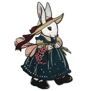 Konijn met bloemen Zacht tapijt appliqué metalen draad 9,5"