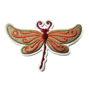 May include: Embroidered dragonfly patch with a white border. The dragonfly features orange, brown, and green wings, a red body, and decorative swirls. This patch is ideal for adding to clothing, bags, or other fabric items.