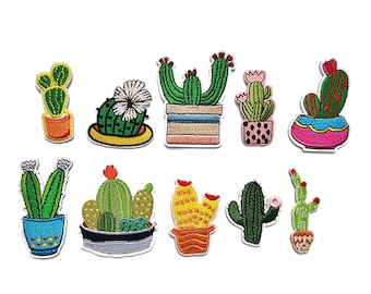 Set of 10 Embroidered Cactus Patches Iron On for Crafts and Clothing (Set A)