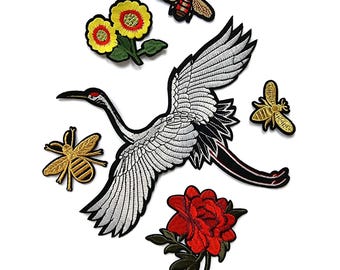 Large Oriental Crane with Flowers and Gold Bees Embroidered Patch Set for Jacket back