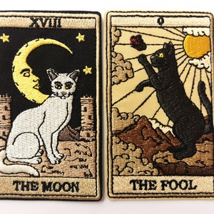 Embroidered Iron On Patches Cat Tarot Cards Moon and Fool