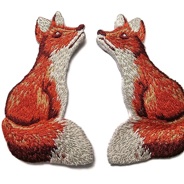 Pair Embroidered Gazing Red Fox Patches Iron On Countryside Applique