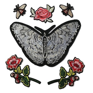 XL Butterfly Flowers and Bees Embroidered Iron On Jacket Patch Set Art