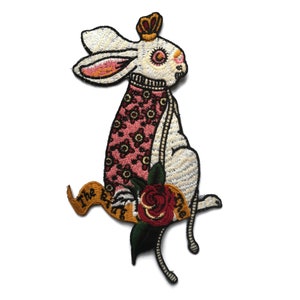 Embroidered white Rabbit King Patch Tapestry Applique Sew On 20 cm