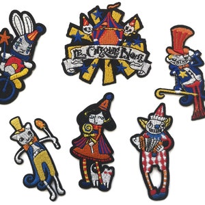 Set met geborduurde patch circusdieren met konijn, kat en clown
