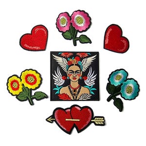 May include: Embroidered patches featuring a Frida Kahlo design, red hearts, and colorful flowers. The patches include a Frida portrait with wings, two hearts pierced by an arrow, and various floral designs. Perfect for adding flair to clothing or accessories.