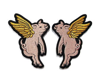 Medieval Embroidered Flying Pigs With Gold Wings Iron On Patch Folklore